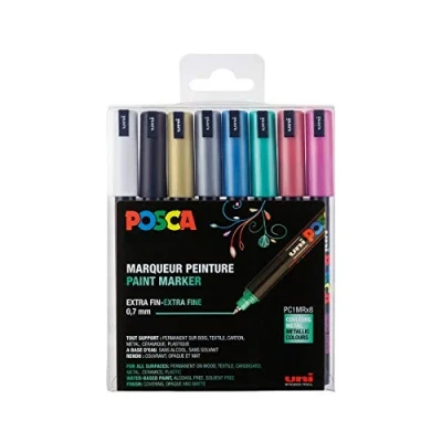 Abbildung von uni ball 181709 POSCA Marker mit kalibrierter Spitze, 8er Set, metallic