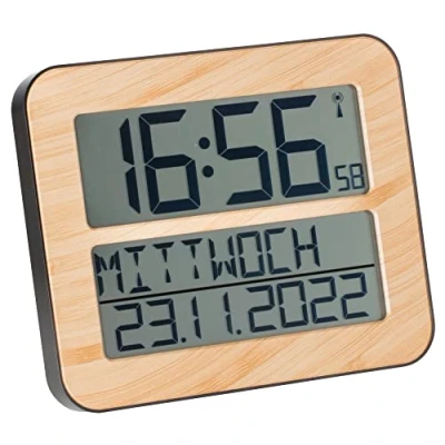 Abbildung von TFA Dostmann Timeline Max Funkuhr, Wanduhr, digital, mit Wochentag und Weckfunktion, 60.4512, L 258 x B 30 (120) H 212 mm (Holzoptik)