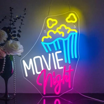 Abbildung von Looklight Movie Night Mit Popcorn Neonschild Kino LED Leuchtreklamen für Wanddekoration Filmzimmer Leuchtreklame Filmzeit Neonlicht dimmbare USB Neonlichter Party Geschäftsschilder