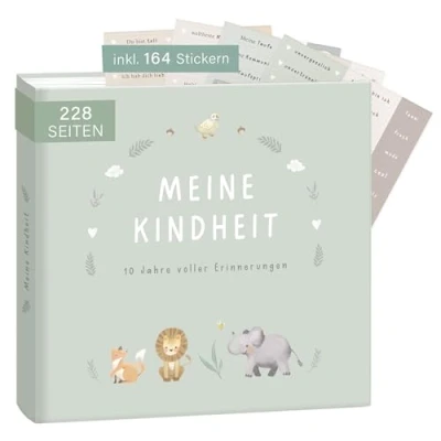 Abbildung von mintkind® &quot;Meine Kindheit&quot; Erinnerungsalbum Salbei + Sticker Set I deine ersten 10 Jahre Fotoalbum Kinder Geschenke zur Geburt Babybuch zum Eintragen Tagebuch Album Erinnerungsbuch Kind