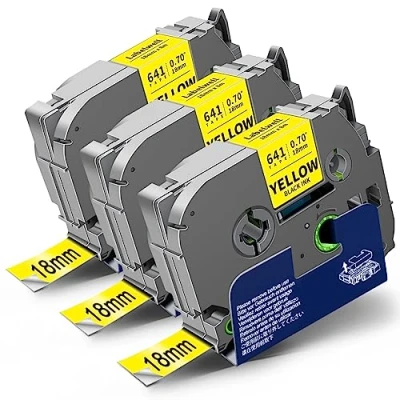 Abbildung von 3x Labelwell 18mm Schwarz auf Gelb kompatibel Brother TZe 641 Schriftband Ersatz für TZe641 TZ641 Tape Cassette P touch PT D400 D450VP D600 E500VP PTP700 PTP750W 1830 2030 D450