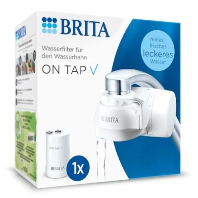 Abbildung von BRITA Wasserfilter für Wasserhahn ON TAP V inkl. 1 Filterkartusche nachhaltiges Wasser mit besserem Geschmack/reduziert kleine Partikel, Metalle &amp; geschmacksbeeinträchtigende Stoffe