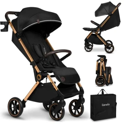 Abbildung von LIONELO Cloe Zusammenklappbarer Kinderwagen bis zu 22 kg, Verstellbare Rückenlehne Schlaffunktion, 5 Punkt Gurt Große Schwenkräder Moskitonetz Becherhalter Leichtgewicht Kompakt Wasserdicht (Schwarz)