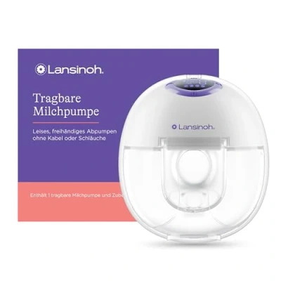Abbildung von Lansinoh tragbare elektrische Milchpumpe freihändig und leise abpumpen ohne Kabel &amp; Schläuche wiederaufladbarer Akku einfache Bedienung Reinigung handsfree