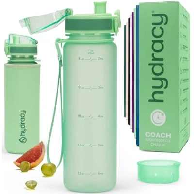 Abbildung von Hydracy Trinkflasche mit Fruchteinsatz 500ml Wasserflasche BPA freie Zeitmarkierung Auslaufsichere Sportflasche Kondensationsfrei für Sport und Outdoor