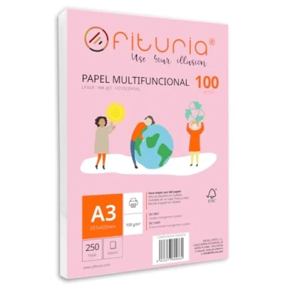 Abbildung von Packung mit 250 weißen DIN A3 Blättern, 100g Druckerpapier. Multifunktionales Kopierpapier für Schule und Büro. Ideal Laserdrucker, Tintenstrahldrucker oder Kopierer Ofituria