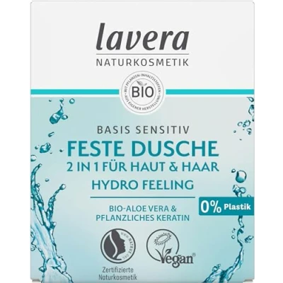 Abbildung von lavera, Feste Dusche 2 in 1 basis sensitiv Hydro Feeling mit Bio Aloe Vera und pflanzlichem Keratin reinigt ohne auszutrocknen 3x ergiebiger als flüssiges Duschgel Naturkosmetik 50g, Weiß, fruchtig, stück