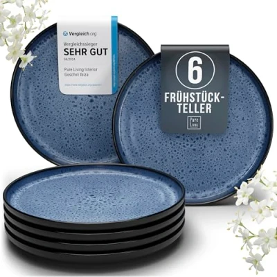 Abbildung von Steingut Frühstücksteller 6 Pers. Ibiza Hochwertiges Mediterranes TEST SEHR GUT Dessertteller Set Kuchenteller spülmaschinen und kratzfest Kleine Teller, Salatteller Pure Living in Tiefblau