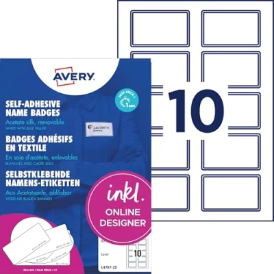 Abbildung von AVERY Zweckform L4787 20 Namensetiketten (200 Namensaufkleber, 80x50mm auf A4, selbstklebend, bedruckbare Textiletiketten aus Acetatseide, rückstandsfrei ablösbar) Blatt, weiß mit blauem Rand