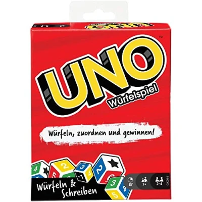 Abbildung von Mattel Games GKD66 UNO Würfelspiel für die ganze Familie, mit Trockenlöschtafeln und Markern, Kinder ab 7 Jahren
