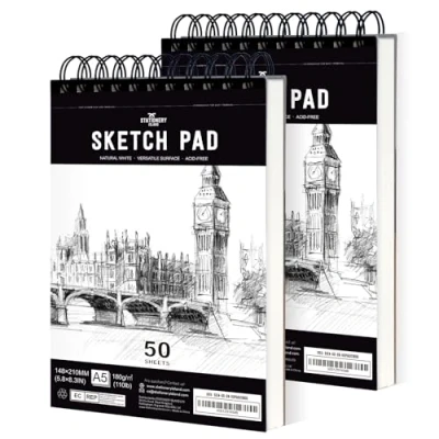 Abbildung von STATIONERY ISLAND Skizzenbuch, A5 Zeichenblock 180 g/m² Dickes Papier, 100 Seiten / 50 Bögen*2 Spiralgebundenes DIN Sketchbook 2 Packungen