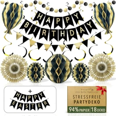 Abbildung von Premium Wiederverwendbare Geburtstagsdeko Mann Schwarz Gold Deko Geburtstag / Party Happy Birthday Girlande, Wimpelkette Geburtstag, Wabenbälle (Schwarz Partydeko)