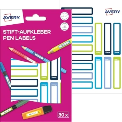 Abbildung von AVERY Zweckform RESMI30G Namensaufkleber Stifte Kinder 30 Stück (50x10mm, Papier, selbstklebende Stiftaufkleber, beschriftbare Stiftetiketten, Mini Namensetiketten für Schule, Kindergarten) blau, grün