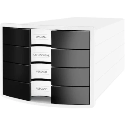 Abbildung von HAN Schubladenbox IMPULS 2.0 mit 4 geschlossenen Schubladen für DIN A4/C4 inkl. Beschriftungsschilder, Auszugsperre, möbelschonende Gummifüße, Design in premium Qualität, 1012 32, weiß / schwarz