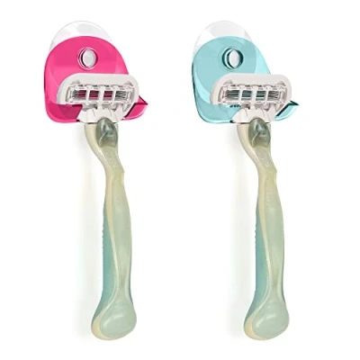 Abbildung von kwmobile 2x Saugnapf Halterung für Rasierer Glas und Fliesen Nassrasierer Halter Set Wand Haken in Hellblau Pink Transparent
