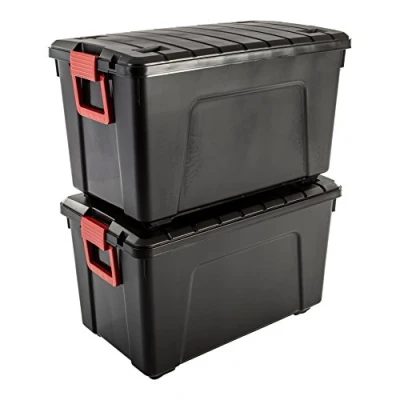 Abbildung von Iris Ohyama, große Kunststoff Aufbewahrungsbox, 110 l Garagen 2er Set, SIA 110, schwarz, stapelbar, Verschlussklammern B75 x T44,5 H45 cm