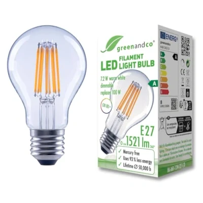 Abbildung von greenandco Glühfaden LED Lampe klar dimmbar E27 A60 7,2W 1521lm ersetzt 100W 3000K warmweiß 320 230V flimmerfrei Energieeffizienzklasse A