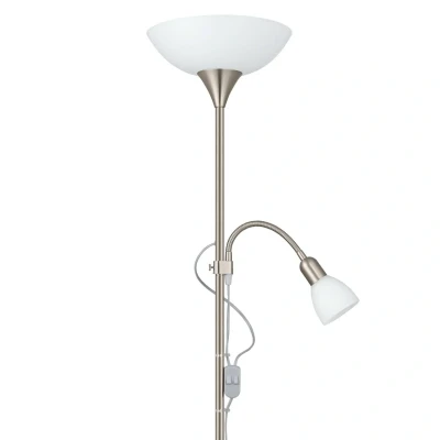 Abbildung von EGLO Stehlampe Up 2, 2 flammige Stehleuchte, Standleuchte aus Metall, Glas und Kunststoff, Wohnzimmerlampe in Silber, Weiß, Lampe mit Schalter, Deckenfluter Leselampe, E27, E14