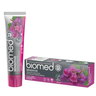 Abbildung von BIOMED Sensitive regenerierende und wundheilende Zahnpasta für empfindliche Zähne fluoridfreie 98% natürliche, beruhigende Zahncreme in einer 100g Packung