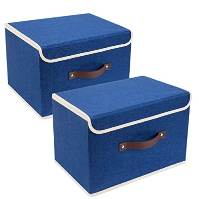 Abbildung von TYEERS Faltbare Aufbewahrungsbox mit Deckel, Stoff, Waschbare, Kisten Aufbewahrung 38x25x25 cm, 2 Stück, Klassisch Blau