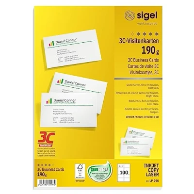 Abbildung von SIGEL LP790 bedruckbare Visitenkarten 3C, 100 Stück (10 Blatt), hochweiß, glatter Schnitt rundum, 190 g, 85x55 mm