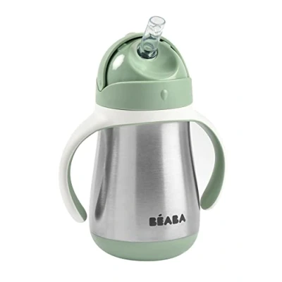 Abbildung von Béaba Trinklernbecher 2 in 1 Babyflasche Kindertasse mit Strohhalm 100% dicht Leicht zu öffnen Abnehmbare Griffe Tritan und Silikon 250 ml Salbeigrün