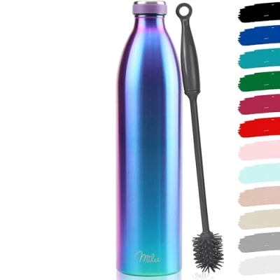 Abbildung von Milu Edelstahl Trinkflasche 350ml, 500ml, 750ml, 1L, 1,5L Thermosflasche für Kinder Erwachsene auslaufsicher Isolierflasche Kohlensäure geeignet inkl. Reinigungsbürste (Aurora, 1500ml)