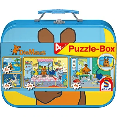 Abbildung von Schmidt Spiele 55597 Die Maus, 4 Kinderpuzzle im Metallkoffer, 2x26 2x48 Teile
