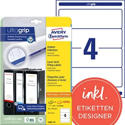 Abbildung von AVERY Zweckform L6061 25 Ordnerrücken Etiketten (210 Rückenschilder mit ultragrip, 59x192mm auf A4, breit/kurz, selbstklebend, absolut blickdicht, bedruckbare Ordneretiketten) 30 Blatt, weiß