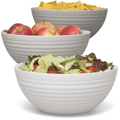 Abbildung von Hausfelder Schüssel Set 3 x 3,3 Liter, Salatschüssel groß, Schüsseln für Chips, Süßigkeiten, Snack Schalen, Servierschüssel aus Kunststoff, Melamin frei, Servierschale in Beige Tönen