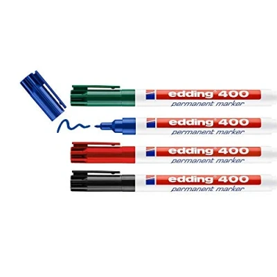 Abbildung von edding 400 Permanentmarker schwarz, rot, blau, grün 4 Stifte feine Rundspitze 1 mm wasserfest, schnell trocknend wischfest für Karton, Kunststoff, Holz, Metall, Glas