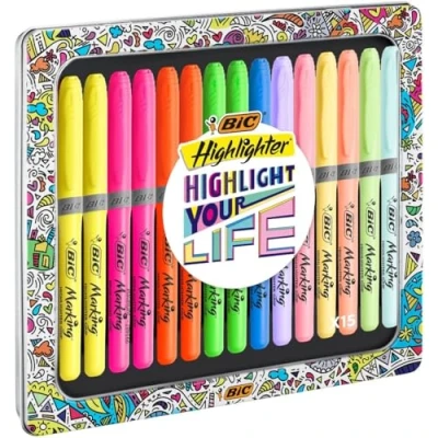 Abbildung von BIC Pastell Textmarker, Highlighter in 15 verschiedenen Farben und Pastelltönen, Geschenkbox, mit Austrocknungsschutz