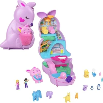 Abbildung von Polly Pocket Mama und Joey Känguru Tasche 2 in 1 Spielset mit Tierkinderzimmer, Puppen, 7 Tieren Zubehör, inklusive weichem Beutel Schatulle, perfekt für unterwegs, ab 4 Jahren, HKV50