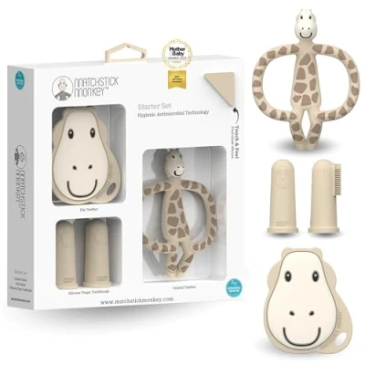 Abbildung von Matchstick Monkey Beißring/Zahnungshilfe/Beißspielzeug für wundes Zahnfleisch Starter Set / 3 Teilig Beißring Tiermotiv, Gesicht, Fingerzahnbürsten/Gigi Giraffe