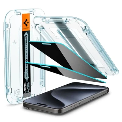Abbildung von Spigen Glas.tR EZ Fit Sichtschutz Schutzfolie kompatibel mit iPhone 15 Pro, 2 Stück, Privacy Schutz, Kratzfest, 9H Härte Folie