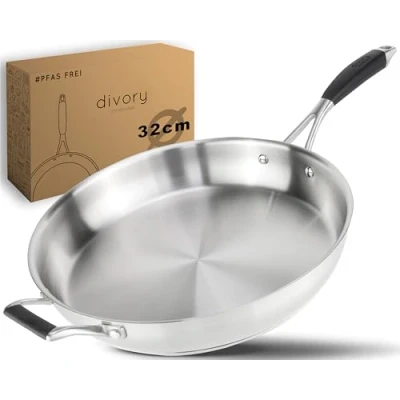 Abbildung von DIVORY Edelstahl Pfanne 32 cm PURA Induktion I unbeschichtete große Bratpfanne für alle Herdarten Induktionspfanne, Ergonomischer Griff, Spülmaschinen geeignet (32cm, Silber)