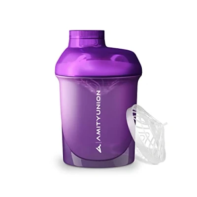 Abbildung von AMITYUNION Protein Shaker Lila Deluxe 400 ml Eiweiß auslaufsicher BPA frei mit Sieb &amp; Skala für Cremige Whey Proteinpulver Shakes Gym Fitness Becher Isolate Sport Konzentrate