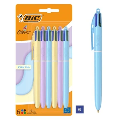 Abbildung von BIC 4 Farben Kugelschreiber Set in Pastell, verschiedenen Farben, 6er Pack, Ideal für das Büro, Home Office oder die Schule