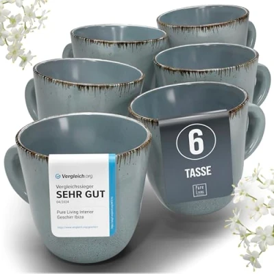 Abbildung von Steingut Kaffeetassen 6 Pers. Rustic Hochwertiges Landhausstil TEST SEHR GUT Tassen Set, Spülmaschinen , Mikrowellen und Kratzfest Stylisches Tee Kaffeebecher Set Pure Living in Rauchblau