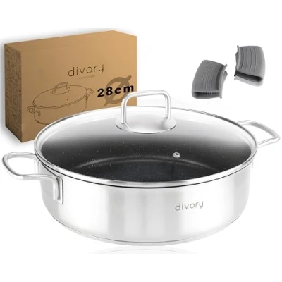 Abbildung von DIVORY Edelstahl Schmorpfanne 28cm ULTIME Induktion, Servierpfanne mit Deckel 4,6l beschichteter Kochtopf backofenfest, Schmortopf hoher Rand + Pfannenschoner, Spülmaschinengeeignet