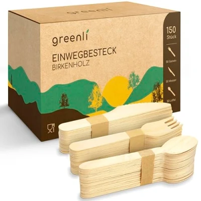 Abbildung von greenli® Einwegbesteck Set 150 Holzgabeln, Holzmesser und Holzlöffel Nachhaltiges Holzbesteck Einweg