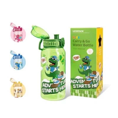 Abbildung von UZSPACE Trinkflasche Kinder auslaufsicher Wasserflasche, 600ml 20oz Sport Flasche Dinosaurier, Tritan BPA frei Sportflasche mit Einhandbedienung, Jungen Mädchen für Schule Outdoor kindergarten, grün