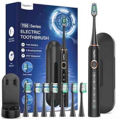 Abbildung von Elektrische Zahnbürste für Erwachsene und Kinder Schallzahnbürste, Electric Toothbrush mit 8 Bürstenköpfen, 90 Tagen Akkulaufzeit, 5 Modi, 50000VPM, Reiseetui, Timer (Schwarz)