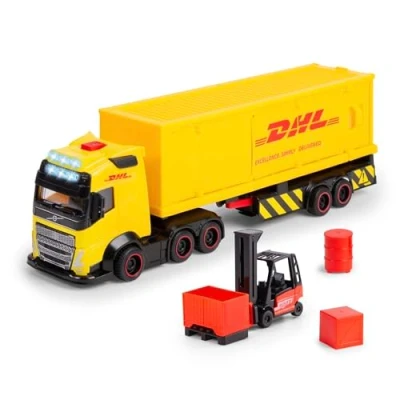 Abbildung von Dickie Toys Volvo DHL Truck FH16 (35 cm) Post &amp; Paket Transporter für Kinder ab 3 Jahre, Spielzeugauto Set mit Gabelstapler, Zubehör, Licht Sound, inkl. Batterien