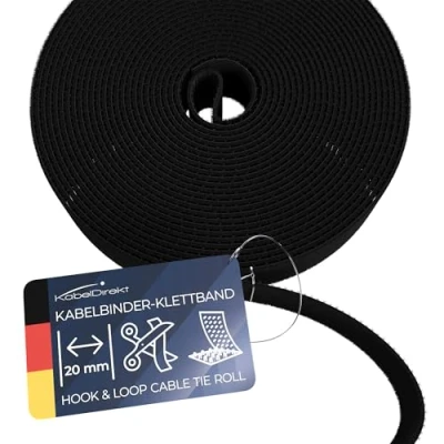Abbildung von KabelDirekt Kabelbinder Klettband 5 m Rolle, 20 mm breit zuschneidbare Klett Rolle/Kabelmanagement mit Klettverschluss (wasserfest, umweltfreundlich, wiederverwendbar schwarz)