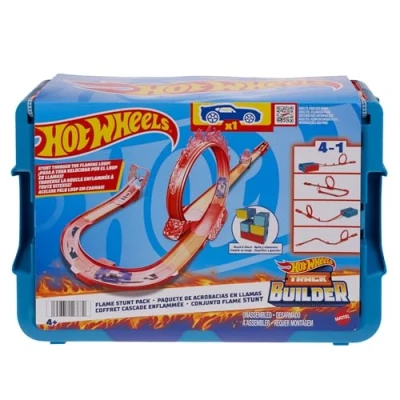 Abbildung von Hot Wheels Trackset, Trackset im Feuer Design Fahrzeug, 16 Track und Stuntkomponenten in stapelbarer Spielzeug Aufbewahrungsbox, HMC04