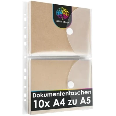 Abbildung von OfficeTree 10 x Dokumententasche A5 Abheftbar mit 120 Lochverstärker Folientasche Dokumentenmappe zum Abheften Klarsichthüllen Klettverschluss und Abheftrand