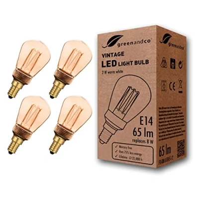 Abbildung von greenandco 4x Vintage Design LED Lampe zur Stimmungsbeleuchtung E14 ST45 Edison Glühbirne, 2W 65lm 1800K gold extra warmweiß 320 230V flimmerfrei, nicht dimmbar, 2 Jahre Garantie