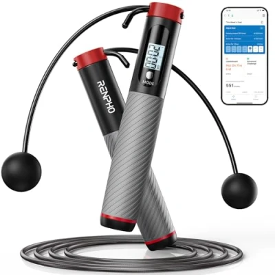 Abbildung von RENPHO Springseil mit Zähler, intelligentes gewichtetes für Training Fitnessübungen, verstellbares Sprungseil Anfänger und Profis, Jump Rope APP Datenanalyse, Kalorienverbrennung