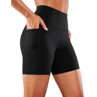 Abbildung von CRZ Yoga Naked Feeling Damen Radlerhose mit Taschen Hohe Taille Shorts Kurze Sporthose Sport Leggings Sportshorts 15cm Schwarz 36